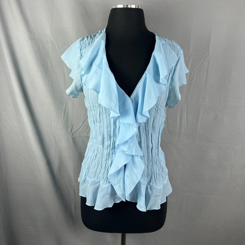 Michele Michelle Blouse Top Women Medium Light Blue Sheer Pleated Ruffled V Neck